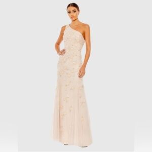 Mac Duggal One Shoulder Dress in Cream with Floral Accents